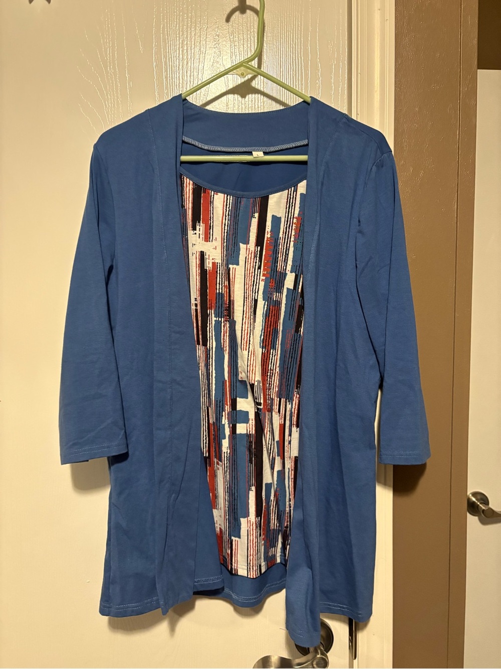 Blue Open-Front Layered Top with Abstract Print